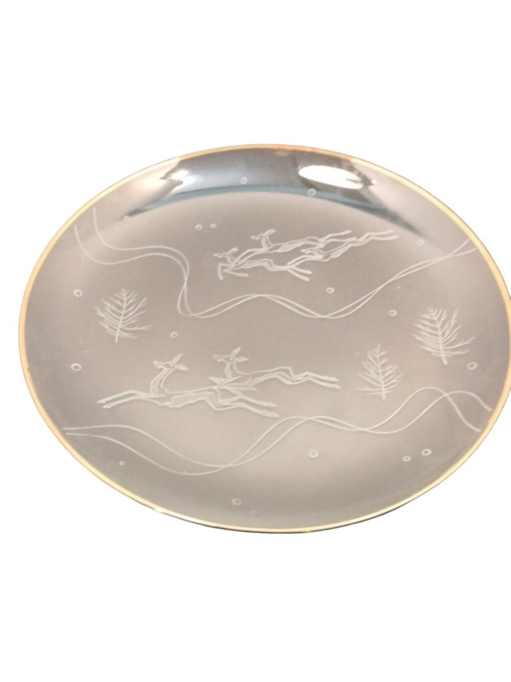 Christmas Platter Reindeer Plate Gold Trim Mid Century Vintage 12 in Clear Glass
